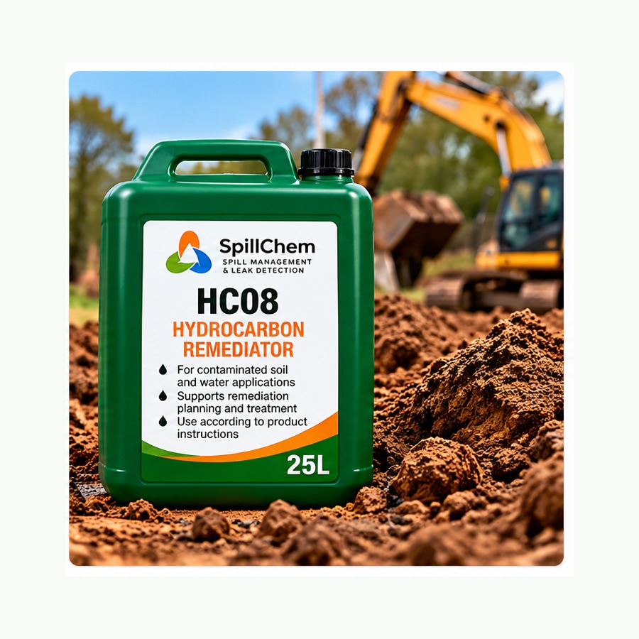 Green 25 litre HC08 hydrocarbon remediator jerry can and contaminated soil