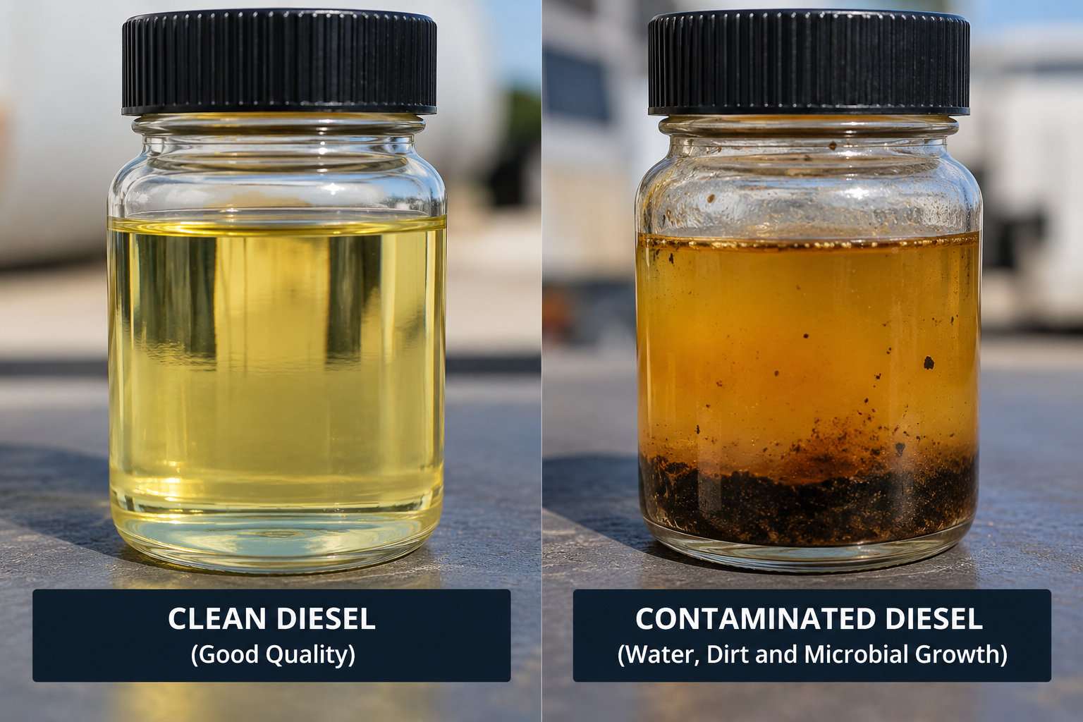 Clean diesel sample compared with contaminated diesel containing water, dirt and microbial growth