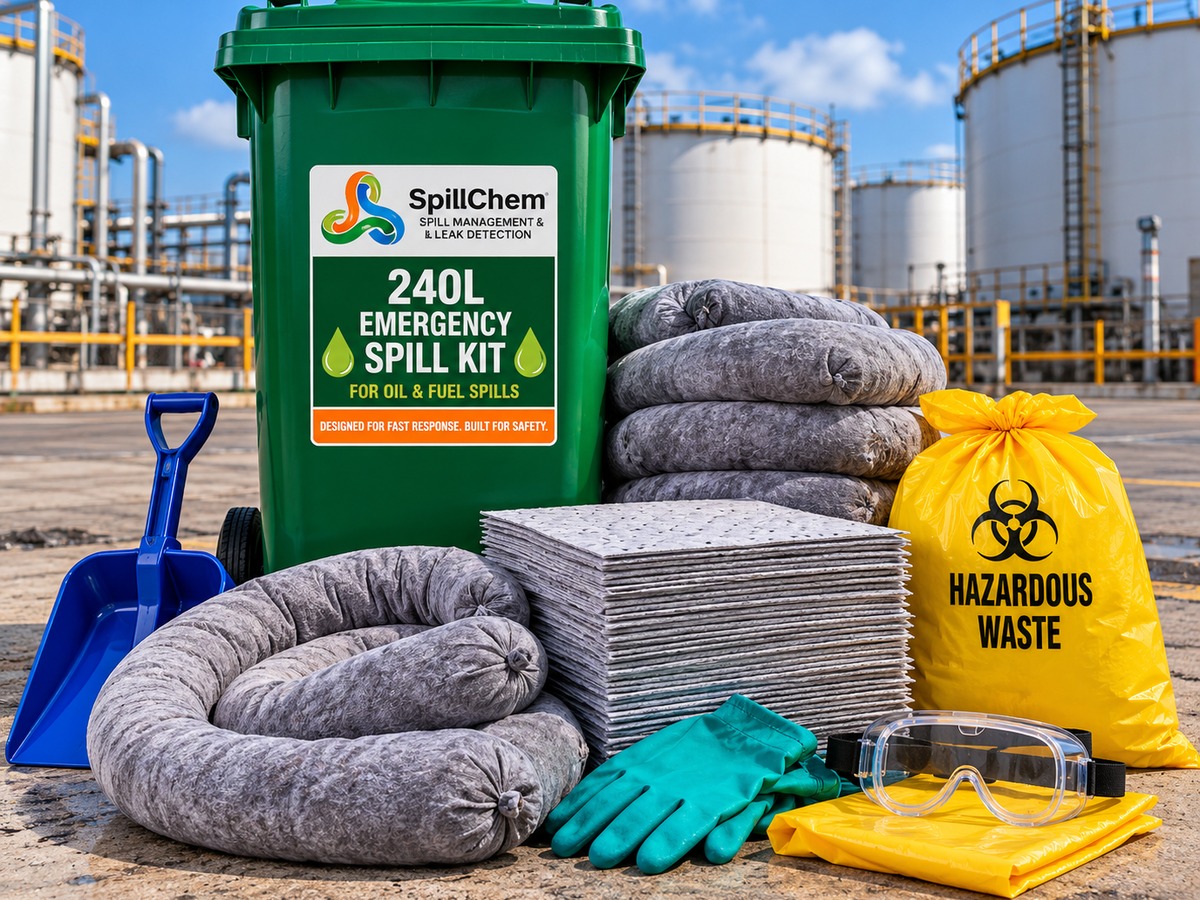 240 litre emergency spill kit with absorbent socks, pads, PPE and disposal bag
