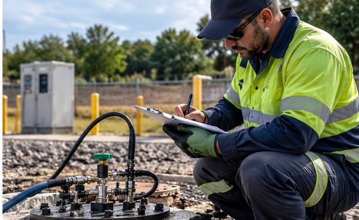 Technician recording tank integrity test results