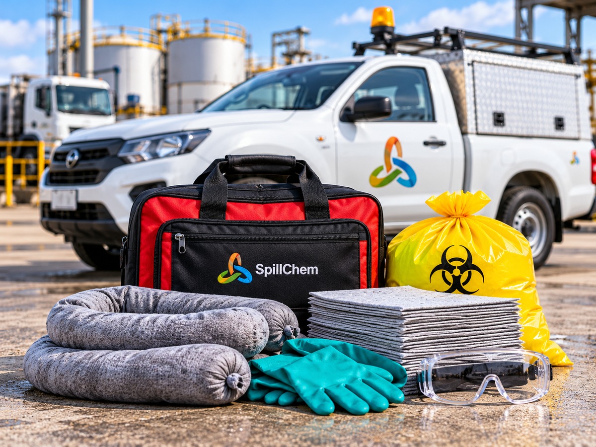 Portable vehicle spill kit with absorbents and PPE